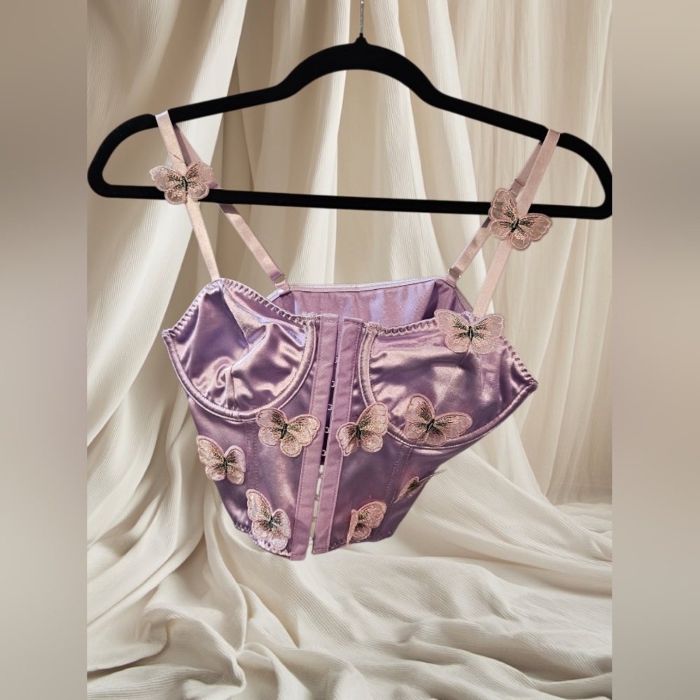 Purple Satin Women's Small Bralette Top With Butterfly Details